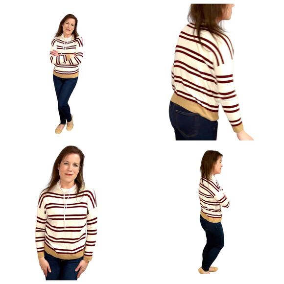 LOFT Lou & Gray Maroon Cream Striped Mock Neck Lightweight Sweater - Small - Picture 3 of 11